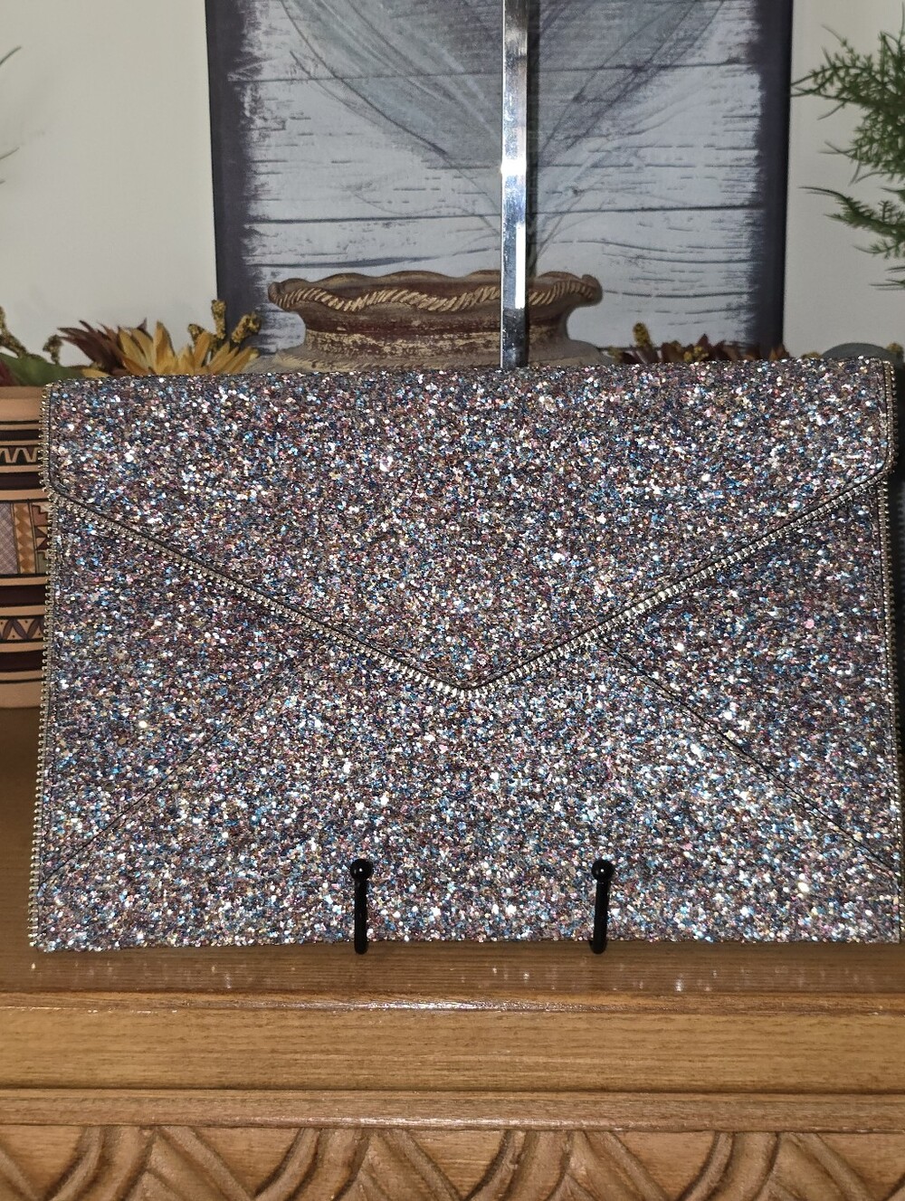 Rebecca Minkoff Silver Multi-color Glitter Leo Envelope Clutch. Like New